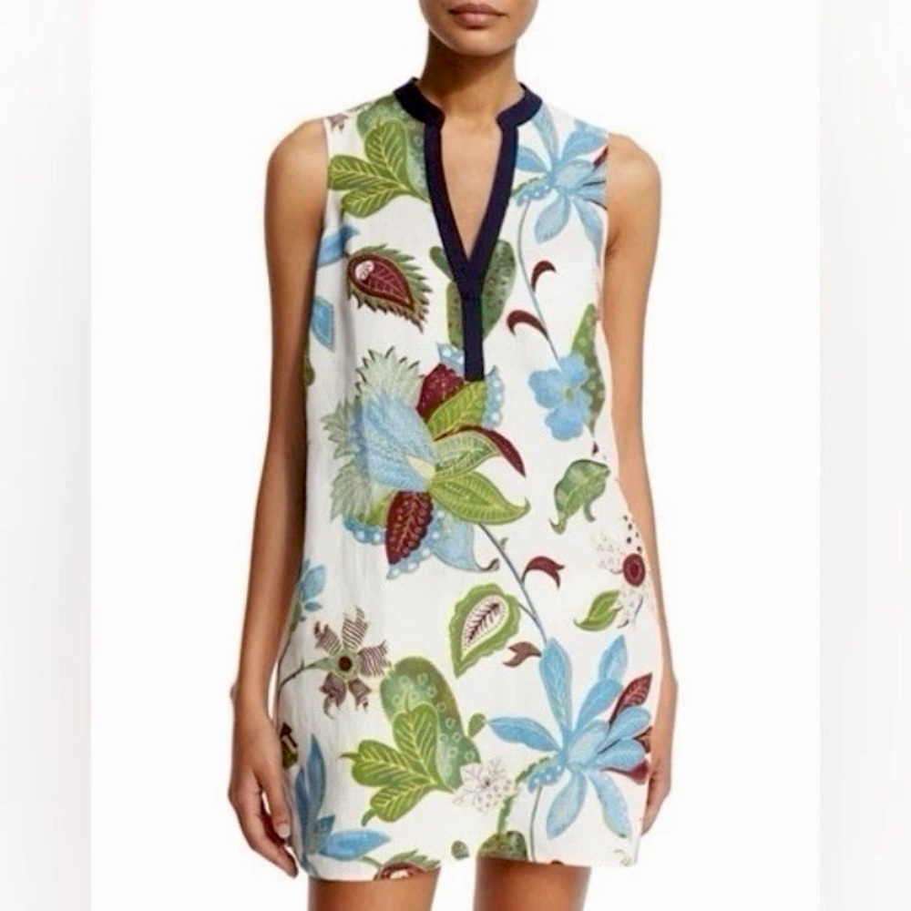 Tory Burch Linen Blend Floral Print Sleeveless Mini Dress Tunic Coverup, Sz S